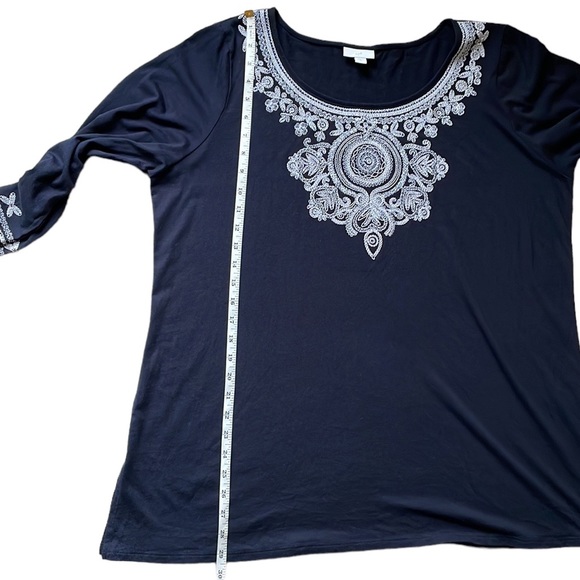 J. Jill Boho Top Blouse Navy Embroidered 3/4 Sleeve Cotton Modal, Size X-Large - Picture 10 of 11